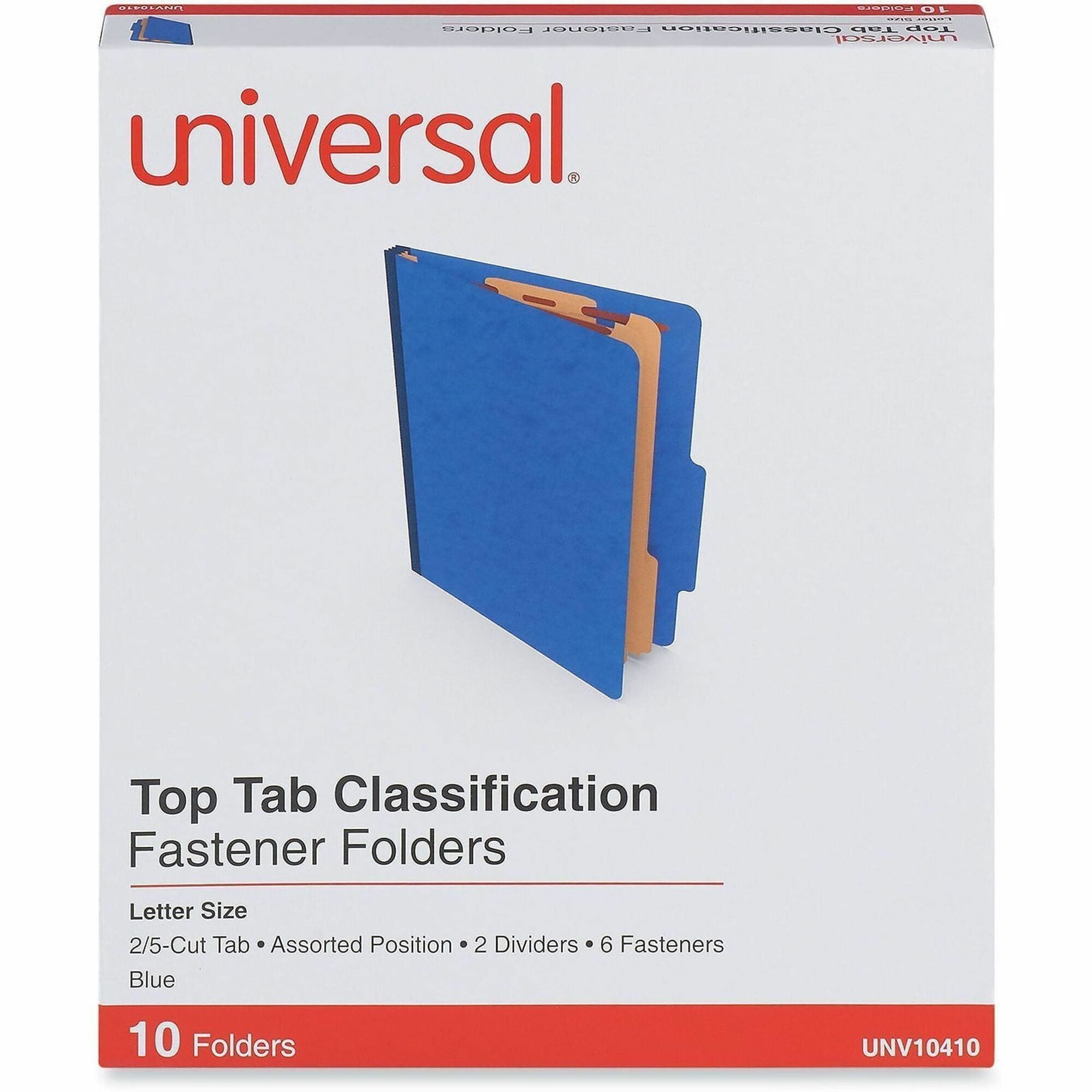 Universal 2/5 Tab Cut Letter Classification Folder - 8 1/2" x 11" - 2 1/2" Expansion - 6 Fastener(s) - 2" Fastener Capacity - Top Tab Location - Assorted Tab Position - 2 Divider(s) - Blue - 10 Box