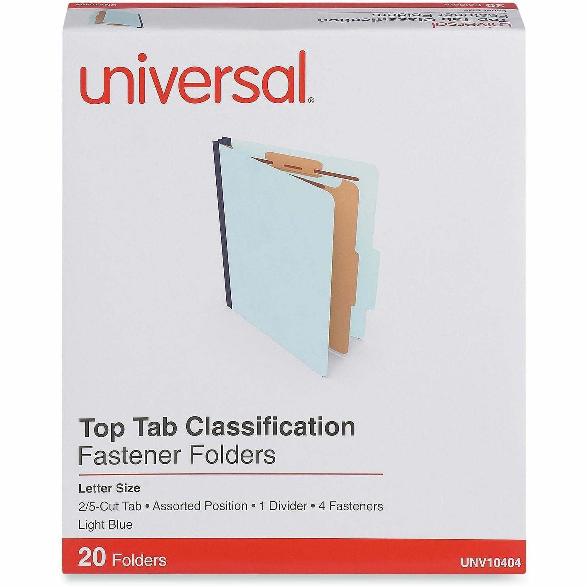 Universal 2/5 Tab Cut Letter Classification Folder - 8 1/2" x 11" - 1 3/4" Expansion - 4 Fastener(s) - 2" Fastener Capacity - Top Tab Location - Assorted Tab Position - 1 Divider(s) - Light Blue - 20 Box