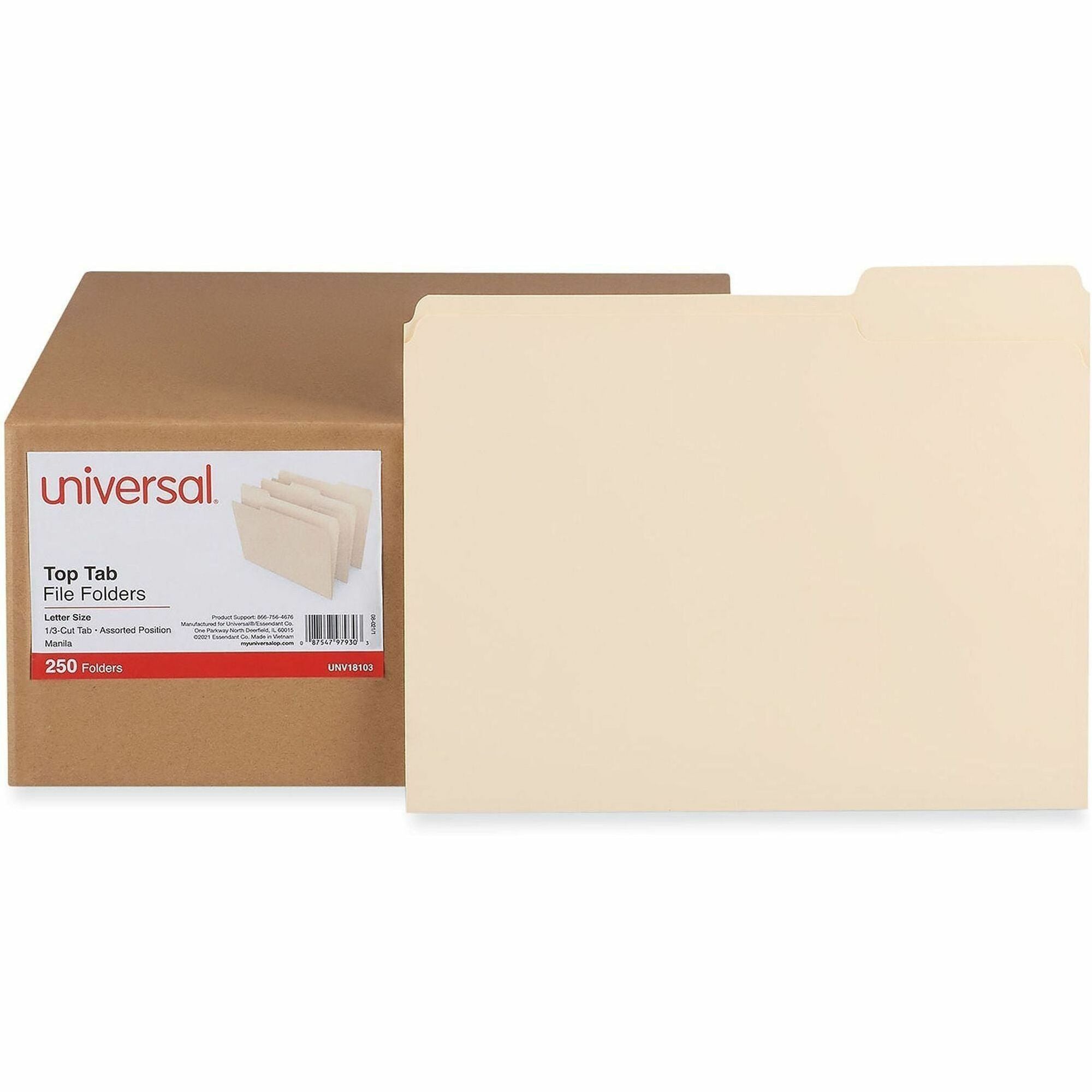 Universal 1/3 Tab Cut Letter Top Tab File Folder - 8 1/2" x 11" - 3/4" Expansion - Assorted Tab Position - 11 pt. - Paper Stock - 250 / Carton