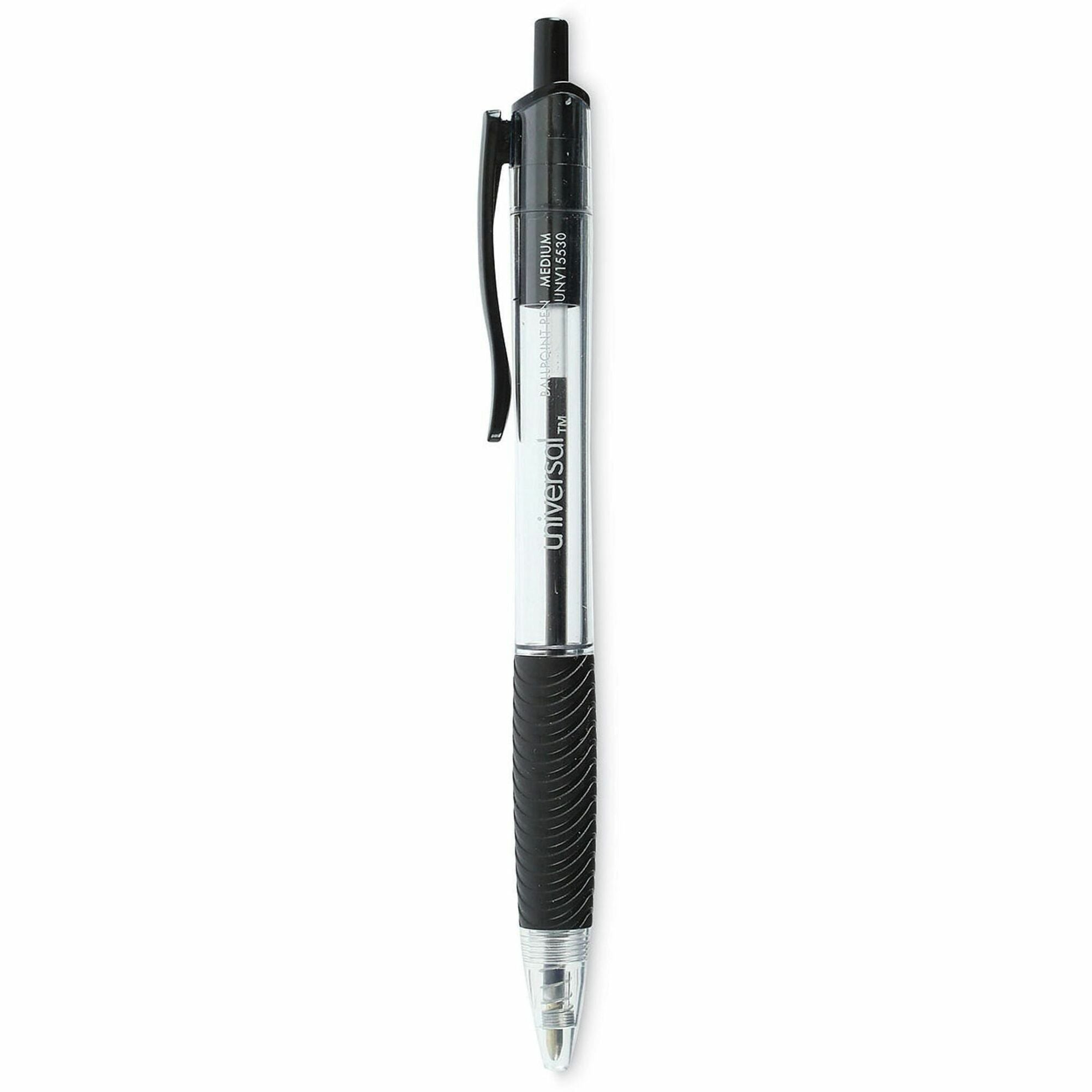 Universal Comfort Grip Ballpoint Pen - 1 mm Medium Conical Pen Point - Retractable - Black Ink - Clear, Black Barrel - 48 / Pack