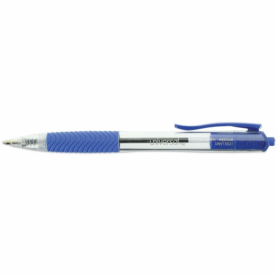 Universal Comfort Grip Ballpoint Pen - 1 mm Medium Conical Pen Point - Retractable - Blue Ink - Clear, Blue Barrel - 1 Dozen