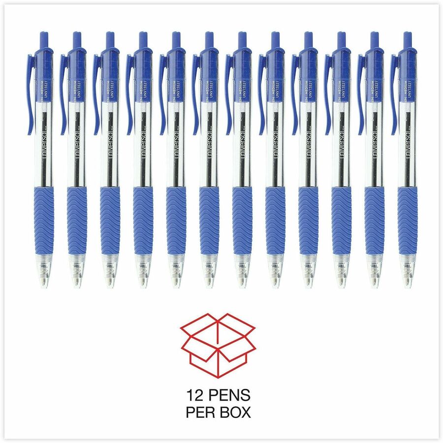 Universal Comfort Grip Ballpoint Pen - 1 mm Medium Conical Pen Point - Retractable - Blue Ink - Clear, Blue Barrel - 1 Dozen