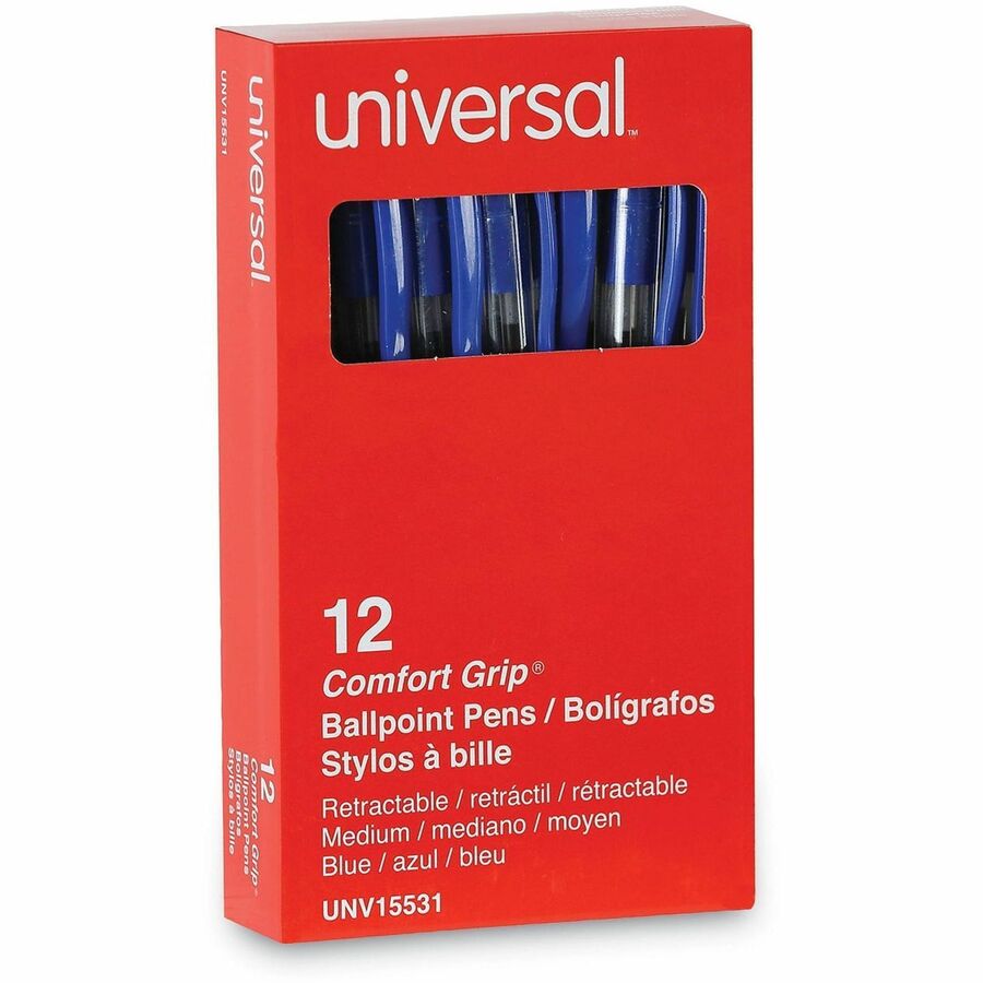 Universal Comfort Grip Ballpoint Pen - 1 mm Medium Conical Pen Point - Retractable - Blue Ink - Clear, Blue Barrel - 1 Dozen