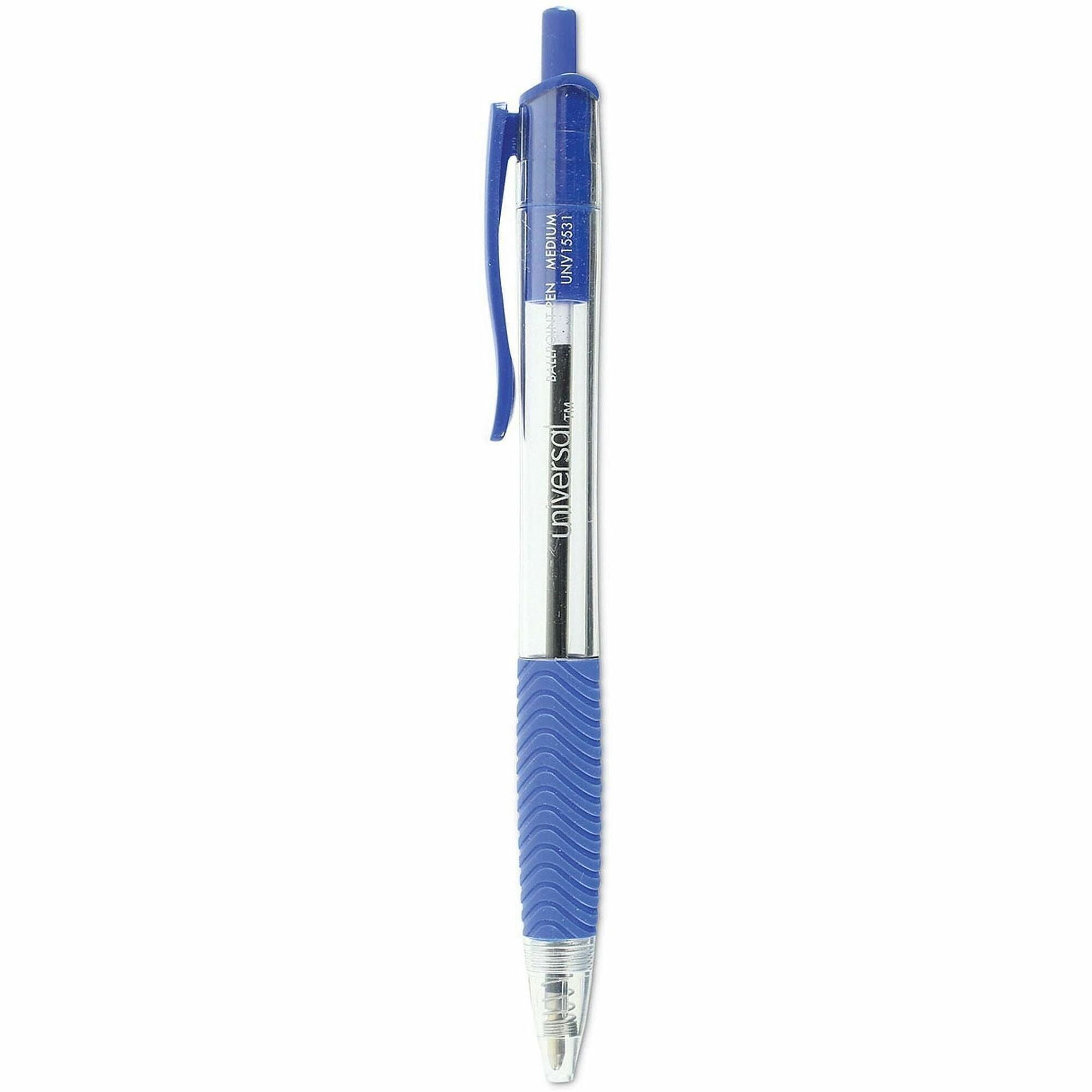 Universal Comfort Grip Ballpoint Pen - 1 mm Medium Conical Pen Point - Retractable - Blue Ink - Clear, Blue Barrel - 1 Dozen