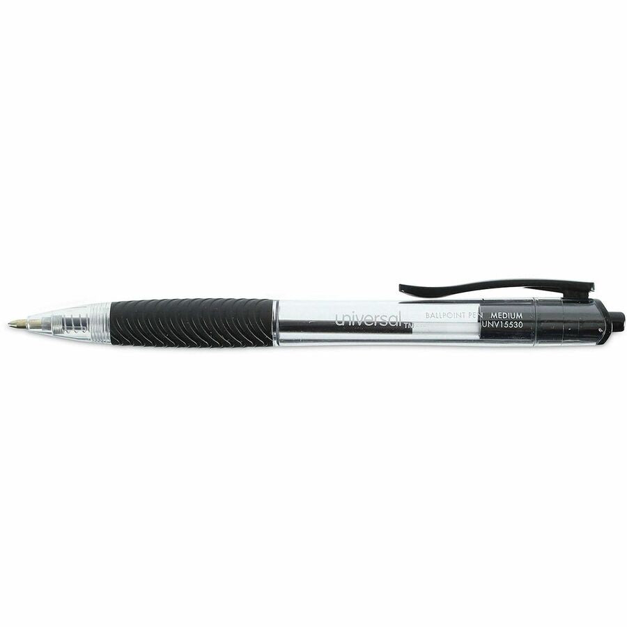 Universal Comfort Grip Ballpoint Pen - 1 mm Medium Conical Pen Point - Retractable - Black Ink - Clear, Black Barrel - 1 Dozen