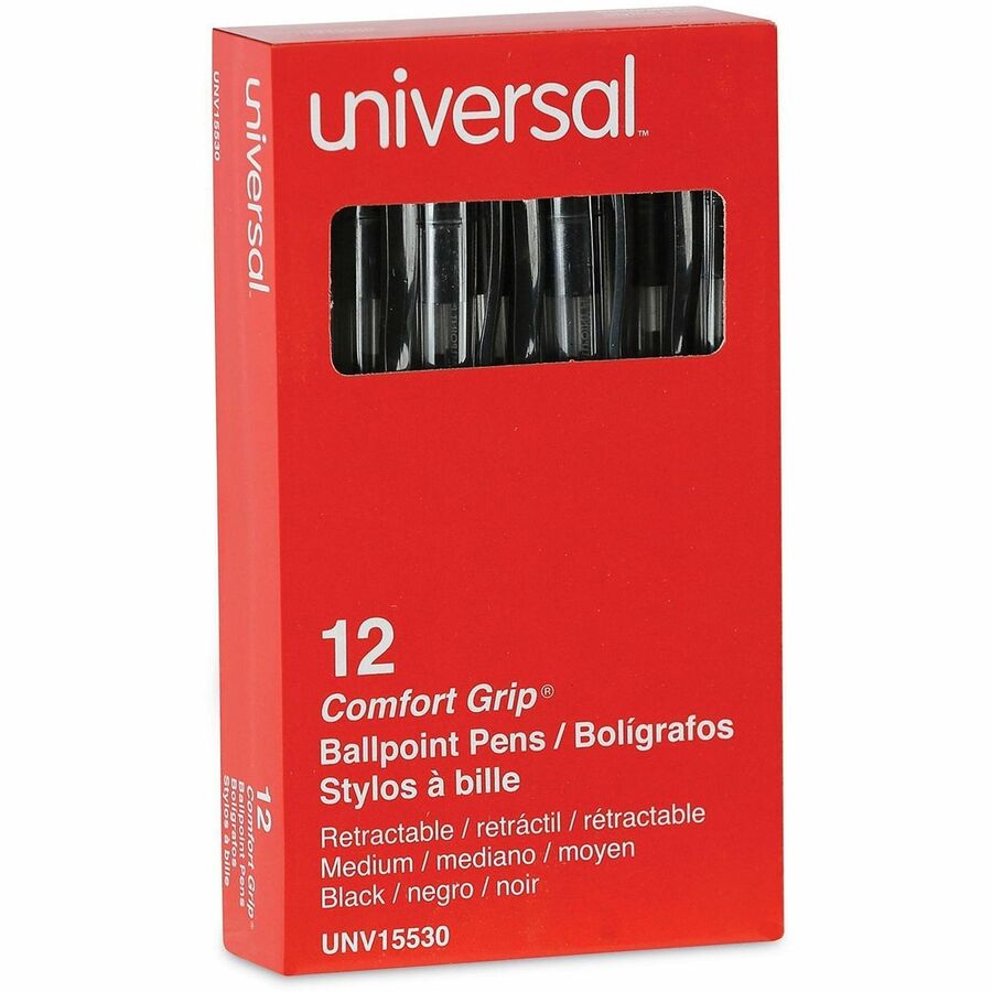Universal Comfort Grip Ballpoint Pen - 1 mm Medium Conical Pen Point - Retractable - Black Ink - Clear, Black Barrel - 1 Dozen