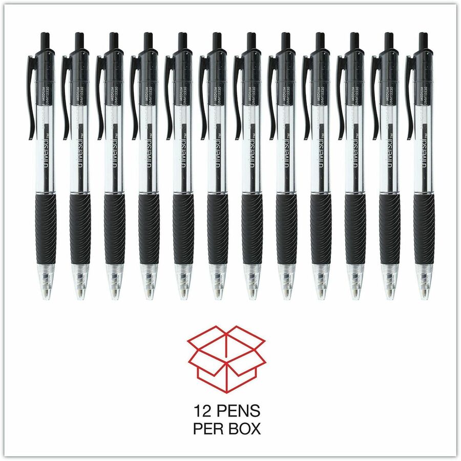 Universal Comfort Grip Ballpoint Pen - 1 mm Medium Conical Pen Point - Retractable - Black Ink - Clear, Black Barrel - 1 Dozen