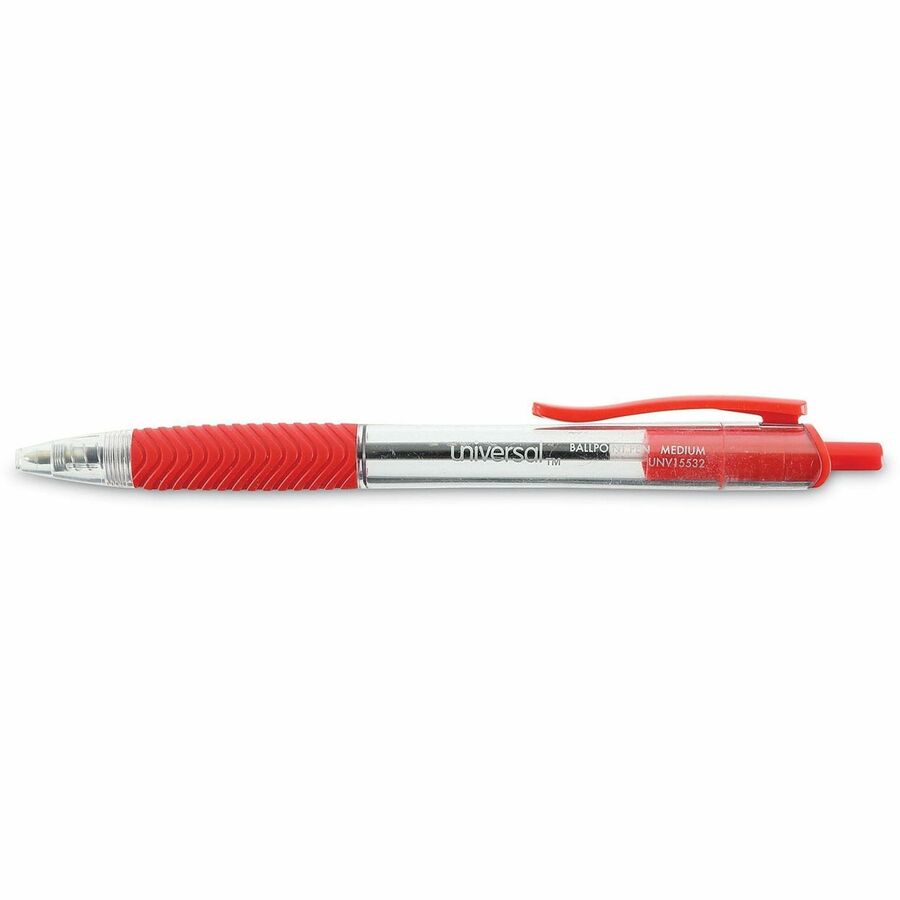 Universal Comfort Grip Ballpoint Pen - 1 mm Medium Conical Pen Point - Retractable - Red Ink - Clear, Red Barrel - 1 Dozen