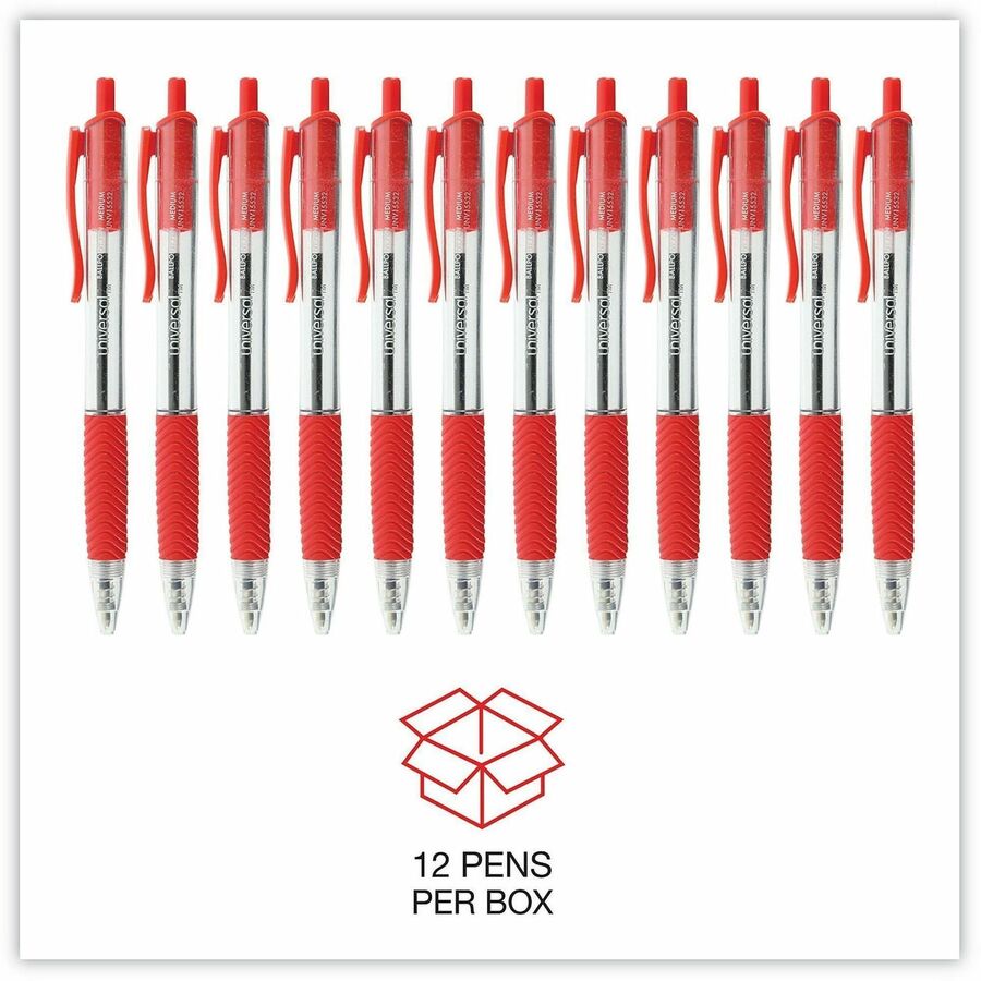 Universal Comfort Grip Ballpoint Pen - 1 mm Medium Conical Pen Point - Retractable - Red Ink - Clear, Red Barrel - 1 Dozen