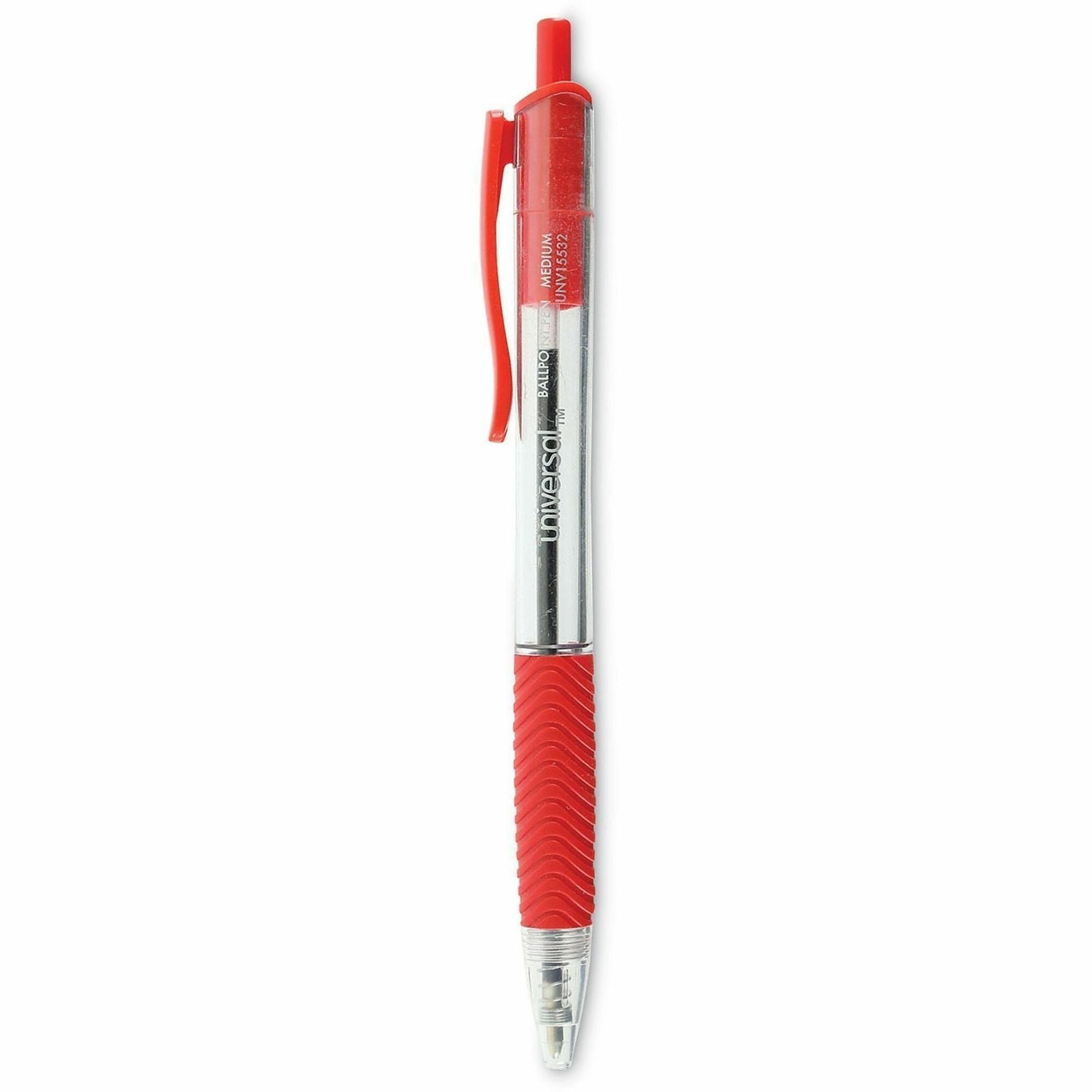 Universal Comfort Grip Ballpoint Pen - 1 mm Medium Conical Pen Point - Retractable - Red Ink - Clear, Red Barrel - 1 Dozen