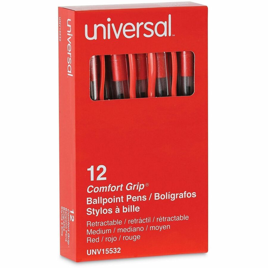 Universal Comfort Grip Ballpoint Pen - 1 mm Medium Conical Pen Point - Retractable - Red Ink - Clear, Red Barrel - 1 Dozen