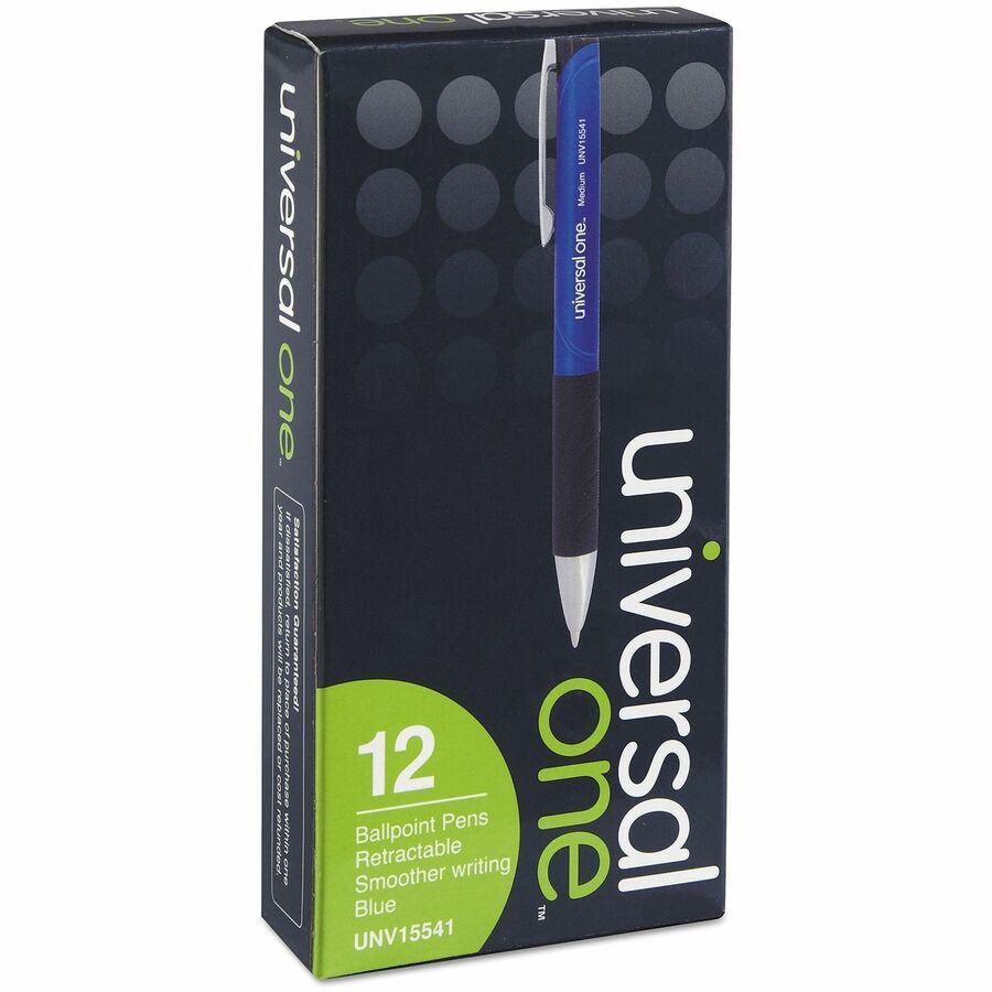 Universal Comfort Grip Ballpoint Pen - 1 mm Medium Conical Pen Point - Retractable - Blue Ink - Blue, Black Barrel - 1 Dozen