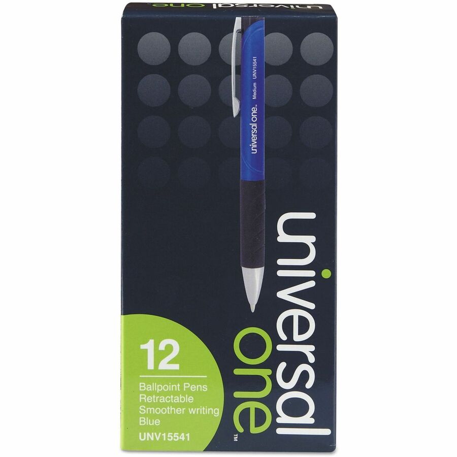 Universal Comfort Grip Ballpoint Pen - 1 mm Medium Conical Pen Point - Retractable - Blue Ink - Blue, Black Barrel - 1 Dozen