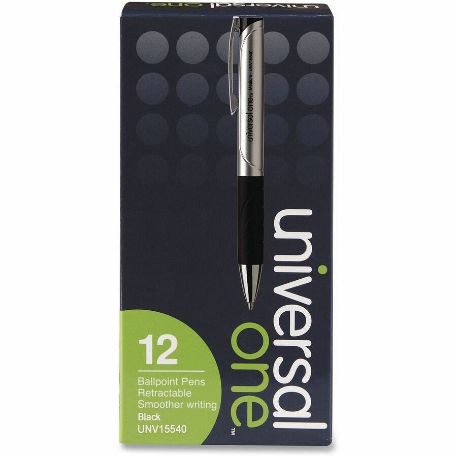 Universal Comfort Grip Ballpoint Pen - 1 mm Medium Conical Pen Point - Retractable - Black Ink - Silver, Black Barrel - 1 Dozen