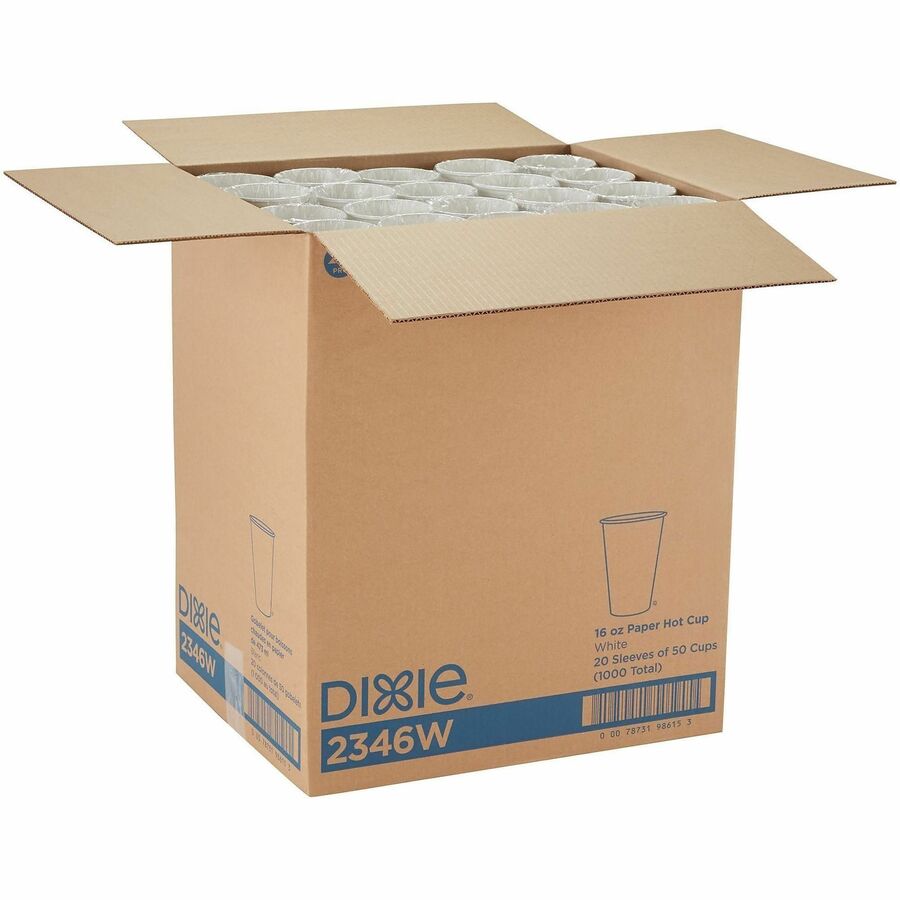 Dixie 16 Ounce Paper Hot Cups, White, 20 Packs / 50 Count Per Pack - 16 fl oz - White - Paper - Beverage, Hot Drink - 50 Cups/Pack - 20 Pack