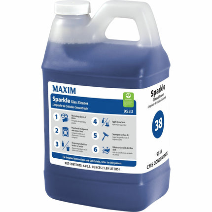 Maxim Sparkle Glass Cleaner - For Window, Metal, Plastic, Fiberglass, Hard Surface, Glass, Mirror, Chrome - Concentrate - Liquid - 64 fl oz (2 quart) - 7.5 to 8 pH - Streak-free, Versatile, Quick Drying, Eco-friendly, Ammonia-free - Blue - 4 / Carton