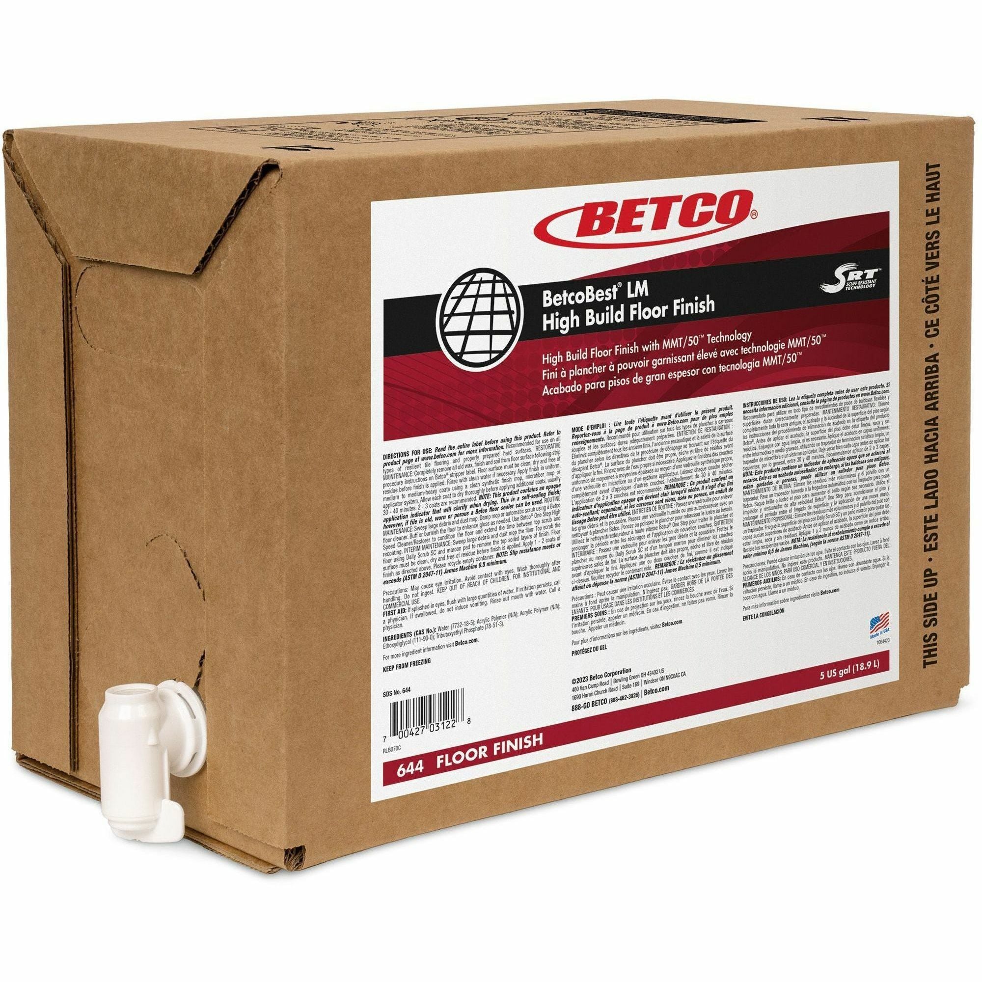 Betco BetcoBest LM Floor Finish - For Floor, Tile, Hard Surface - Liquid - 640 fl oz (20 quart) - 9 pH - Mild Scent - Powder Resistant, Black Mark Resistant, Scuff Resistant, Heel Mark Resistant - Crystal Clear, Opaque - 1 Each
