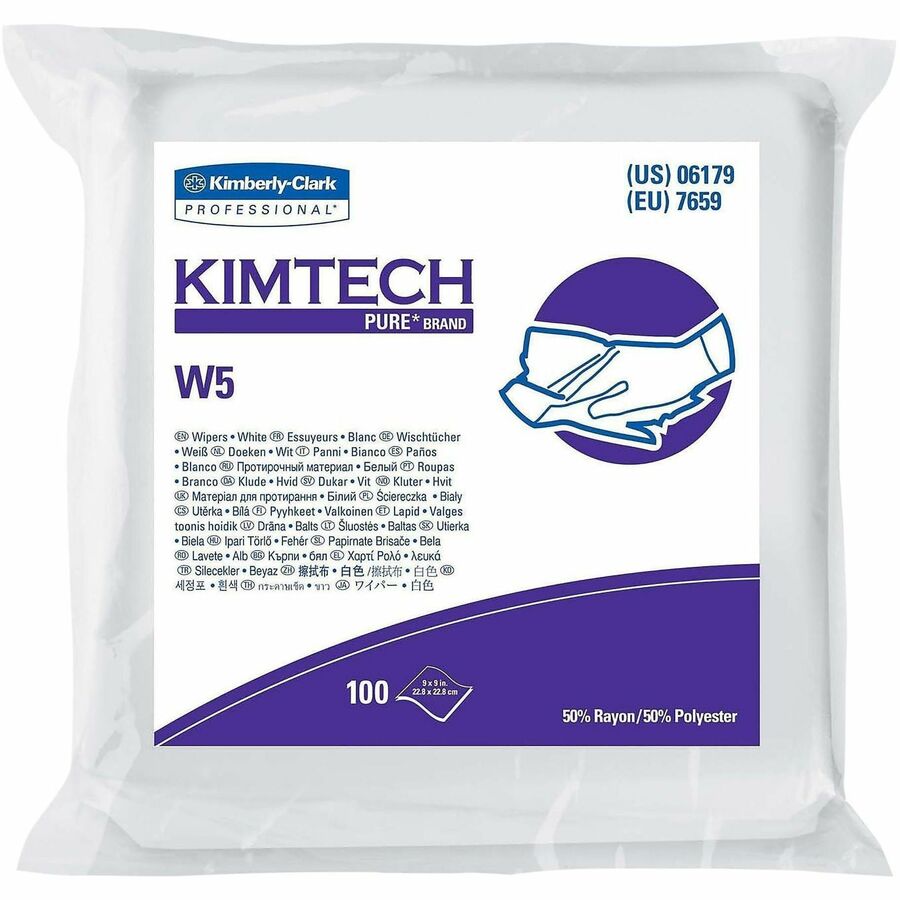 KIMTECH Pure W5 Dry Wipers - 9" Width x 9" Length - White - Rayon/Polyester - 100 Sheets - 5 / Carton