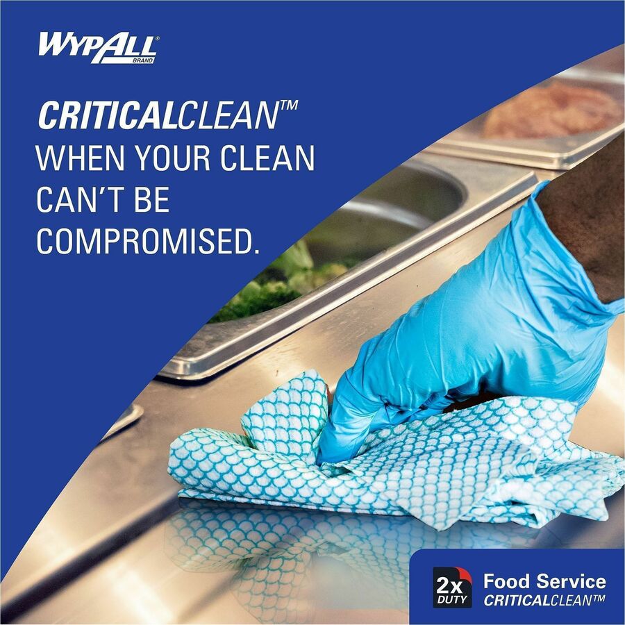 Wypall Critical Clean Foodservice Cloths - Quarter-fold - 12.50" Width x 23.50" Length - Blue - Hydroknit, Cellulose, Polypropylene - 200 Sheets/ - 200 / Box