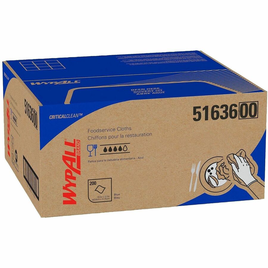 Wypall Critical Clean Foodservice Cloths - Quarter-fold - 12.50" Width x 23.50" Length - Blue - Hydroknit, Cellulose, Polypropylene - 200 Sheets/ - 200 / Box