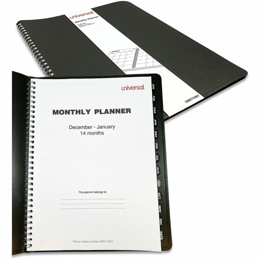 Universal Planner - Large - Monthly - 14 Month - December 2025 to January 2027 - 1 Month Double Page Layout - 8" x 11" Sheet Size - White Sheet - Twin Wire - Black Pajco Lexide, Faux Leather Cover - Future Planning Page, Dates to Remember Page, Holiday...