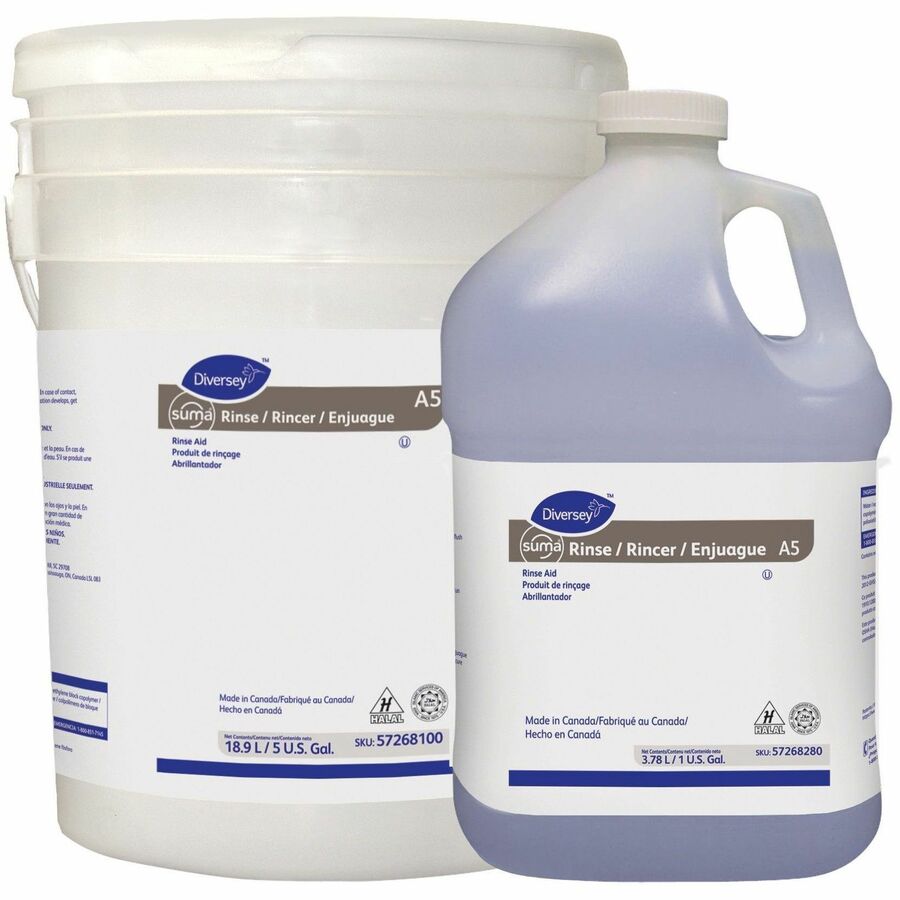 Suma Rinse A5 - For General Purpose, Dishwasher, Dish - Liquid - 128 fl oz (4 quart) - 7.1 to 7.42 pH - Surfactant Scent - Kosher, Low Foaming, Streak-free, Quick Drying - Blue - 4 Carton
