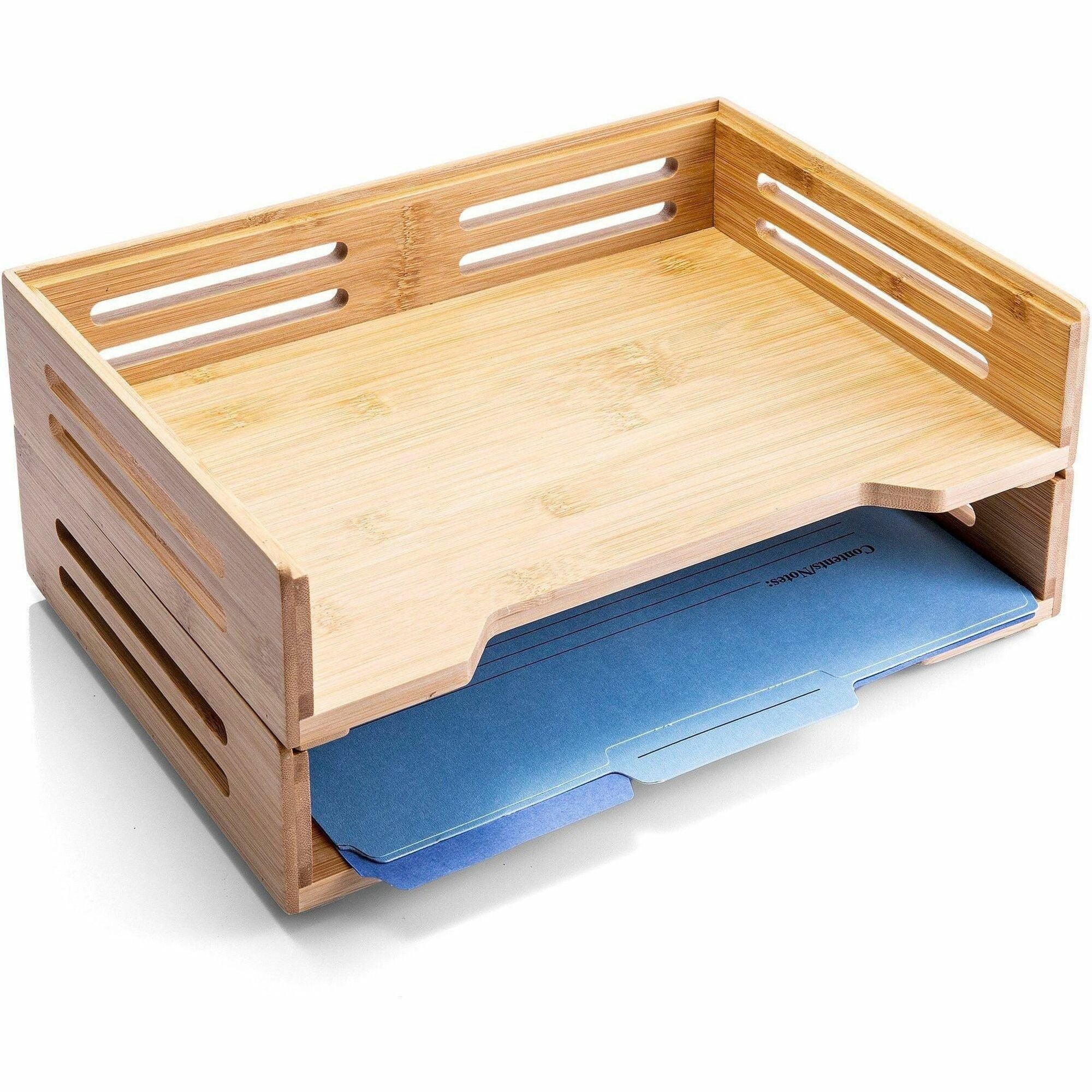 Officemate Bamboo Stackable Side Load Letter Tray, 2pk - 7.25" Height x 13.50" Width x 9.50" Depth - Stackable - Sturdy, Side-loading, Stackable, Durable, Desk Space - Lacquer - Natural Wood Grain - Bamboo - 2 / Pack