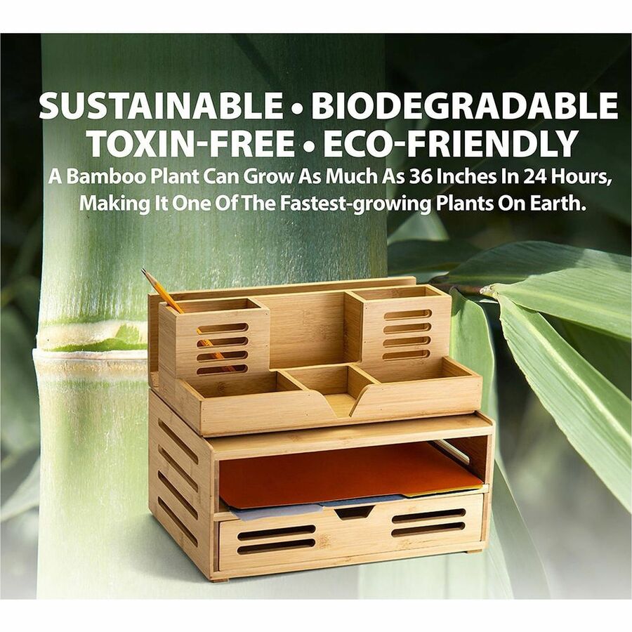Officemate Bamboo Desk Organizer - 7 Compartment(s) - 5.28" Height x 14.09" Width x 8.62" Depth - Stackable - Stackable, Durable, Portable - Natural Wood Grain - Bamboo - 1 Each