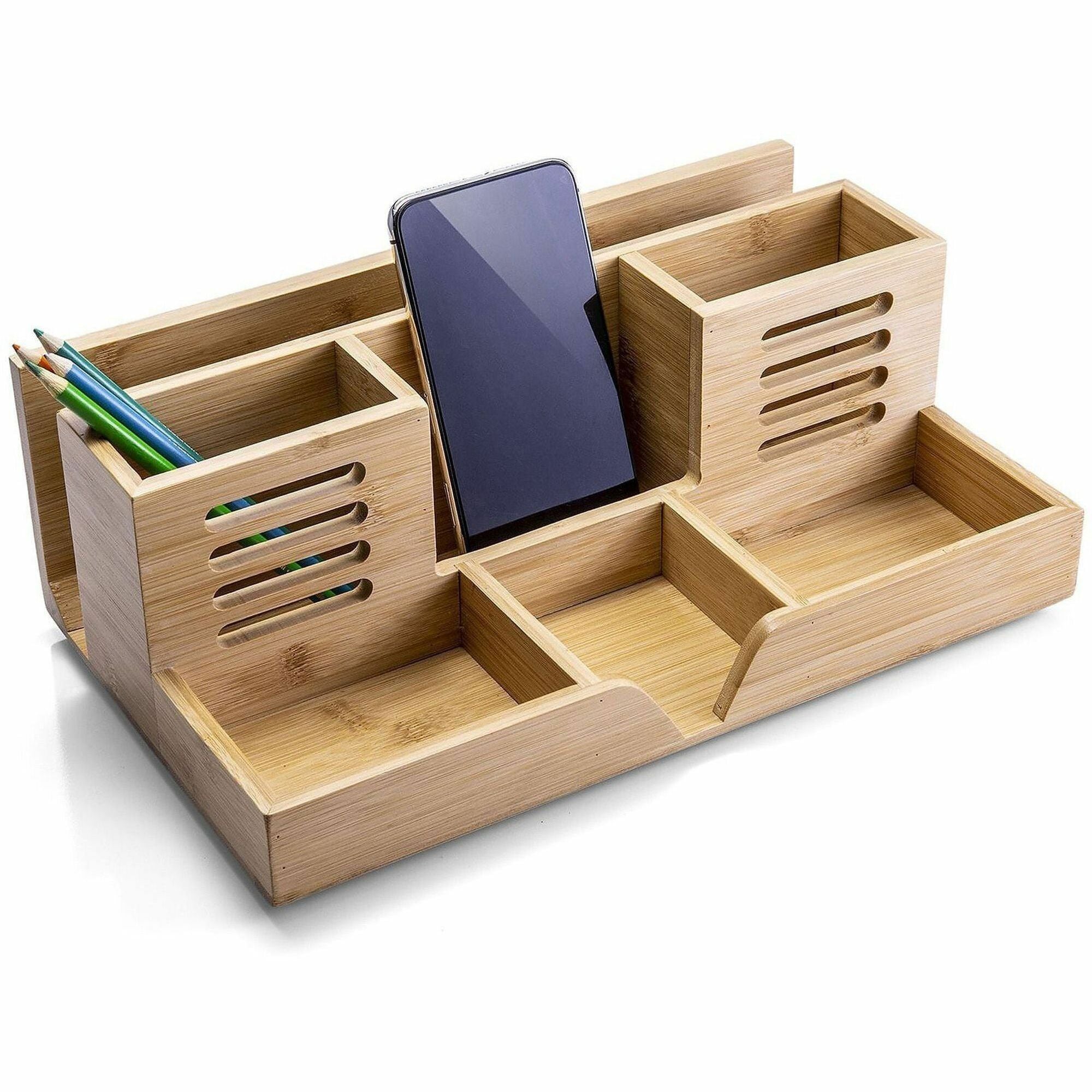 Officemate Bamboo Desk Organizer - 7 Compartment(s) - 5.28" Height x 14.09" Width x 8.62" Depth - Stackable - Stackable, Durable, Portable - Natural Wood Grain - Bamboo - 1 Each