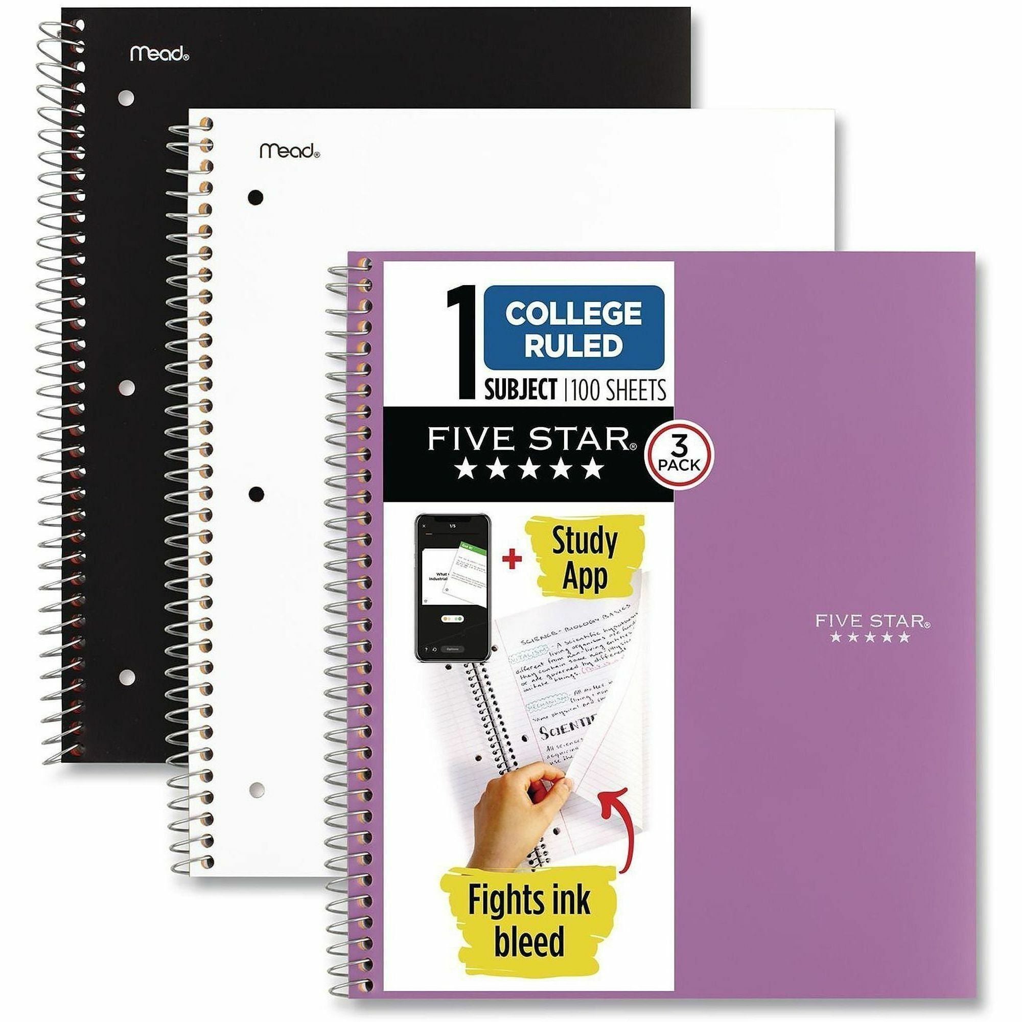 Five Star Subject Spiral Notebook - 1 Subject(s) - 100 Pages - Printed - Twin Wirebound - Letter - 8 1/2" x 11" Sheet Size - Amethyst Purple Plastic, Black, White Cover - Double Sided Sheet, Bleed Resistant, Ink Resistant, Perforated, Easy Tear, Pocket...