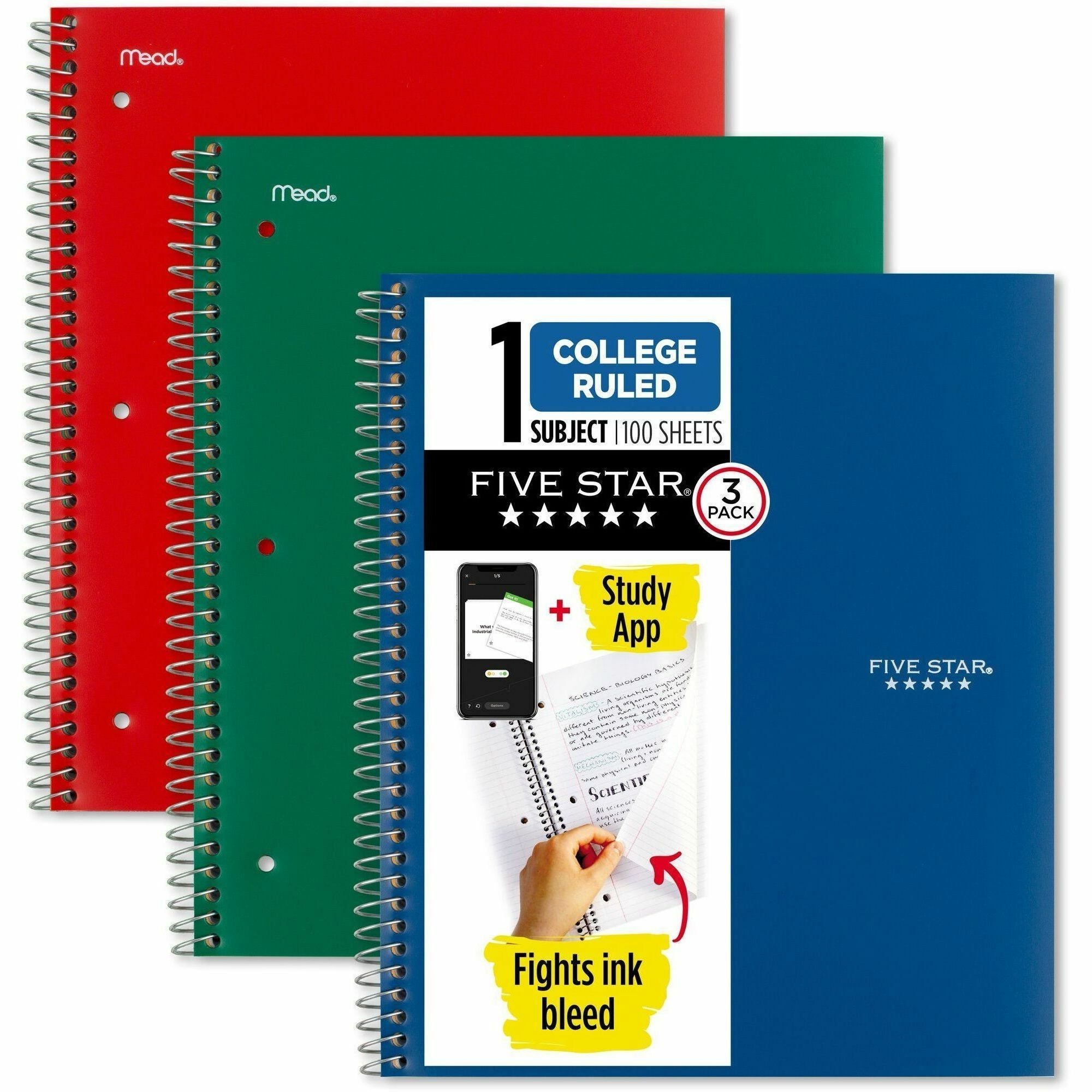 Five Star Subject Spiral Notebook - 1 Subject(s) - 100 Sheets - Wire Bound - Ruled Margin - Letter - 8 1/2" x 11" Sheet Size - Fire Red Plastic, Forest Green, Pacific Blue Cover - Durable Cover, Water Resistant, Bleed Resistant, Perforated, Spiral Lock...