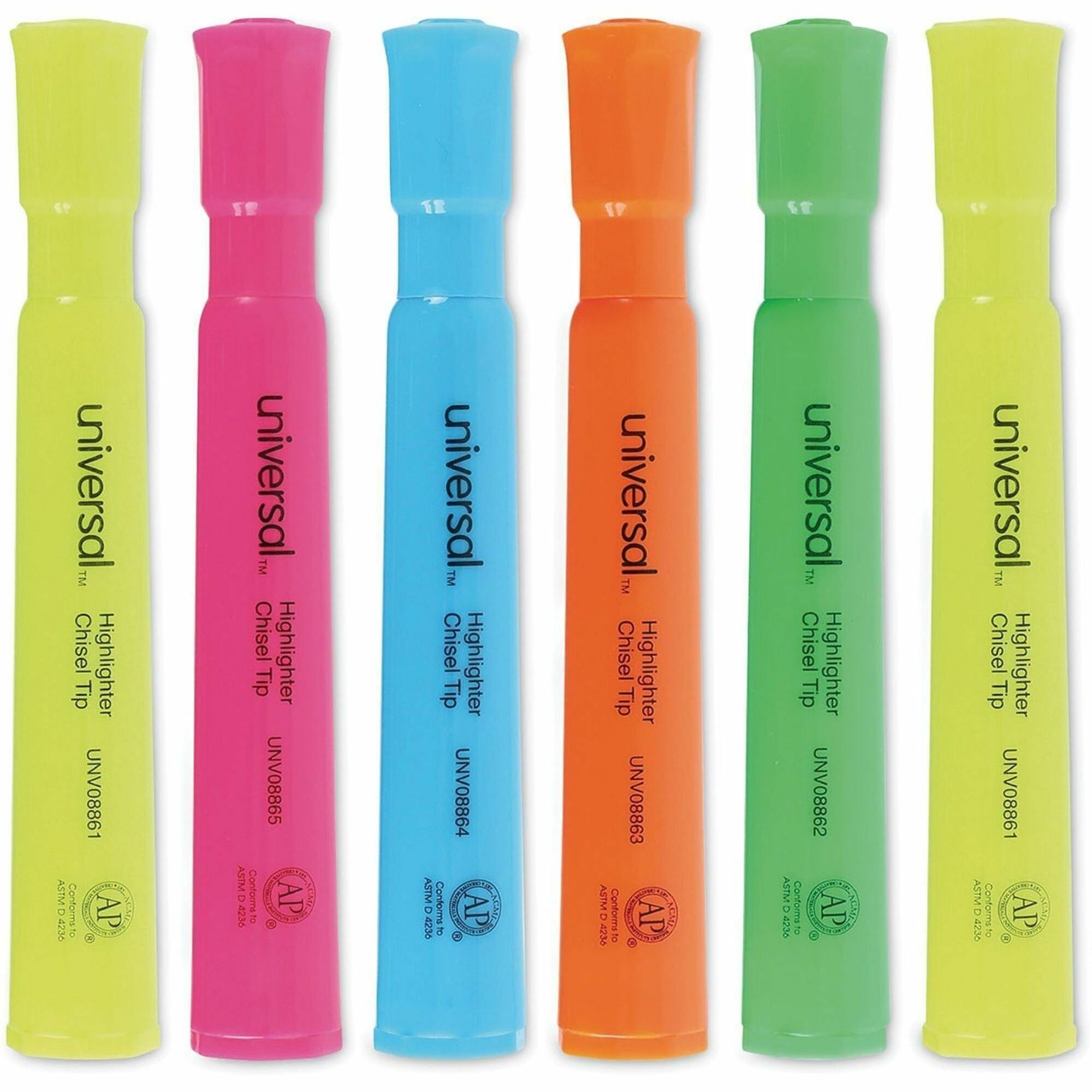 Universal Highlighter - Chisel Marker Point - Assorted, Fluorescent Yellow, Fluorescent Blue, Fluorescent Green, Fluorescent Orange, Fluorescent Pink Ink - Assorted Round, Yellow Tank, Blue, Green, Orange, Pink Barrel - 1 Dozen
