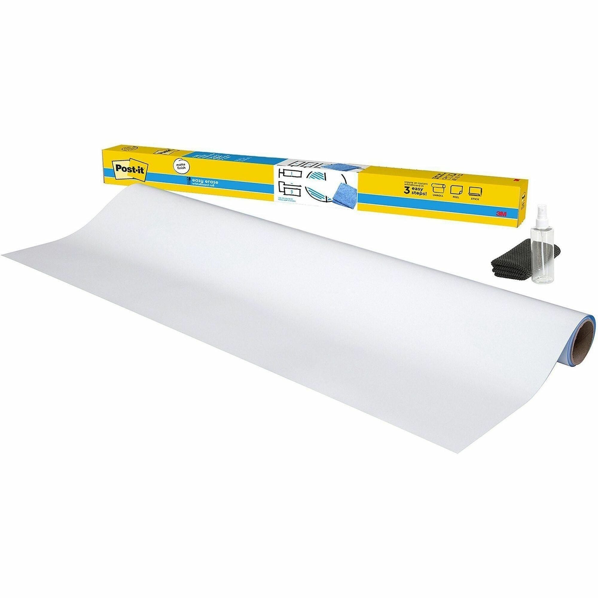 Post-it&reg; Easy Erase Whiteboard Roll, 8'x4' - 48" (4 ft) Width x 96" (8 ft) Height - White Polyester Surface - Rectangle - Stain Proof, Wipe-off, Smooth Surface - 1 Each