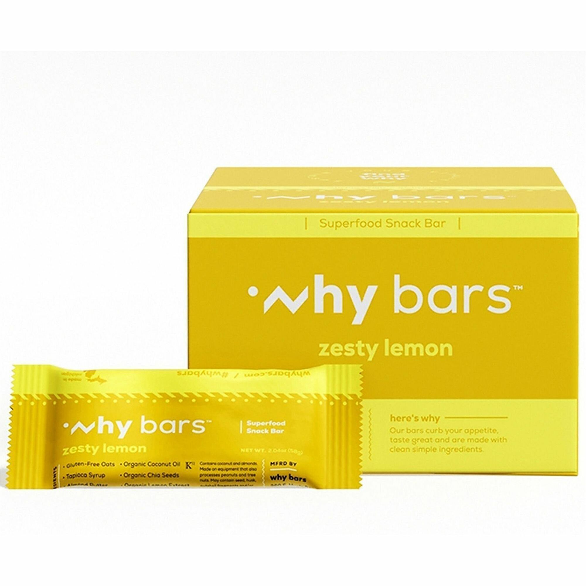 Why Bars Superfood Protein Snack Bars - Gluten-free, Dairy-free, Soy-free, Non-GMO, Individually Wrapped - Zesty Lemon - 2.04 oz - 12 / Pack