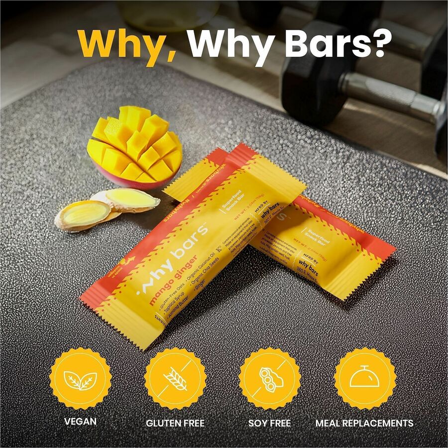 Why Bars Superfood Protein Snack Bars - Gluten-free, Dairy-free, Soy-free, Non-GMO, Individually Wrapped - Mango Ginger - 2.04 oz - 12 / Pack