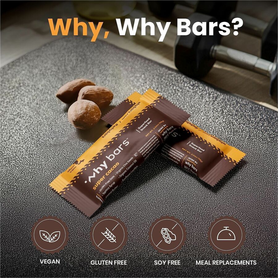 Why Bars Superfood Protein Snack Bars - Gluten-free, Dairy-free, Soy-free, Non-GMO, Individually Wrapped - Super Cacao - 2.04 oz - 12 / Pack