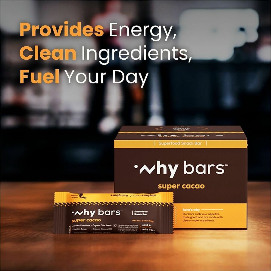 Why Bars Superfood Protein Snack Bars - Gluten-free, Dairy-free, Soy-free, Non-GMO, Individually Wrapped - Super Cacao - 2.04 oz - 12 / Pack