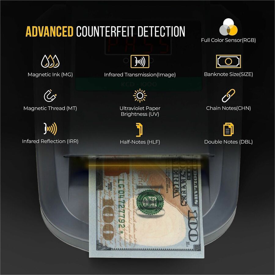 Cassida KCD-1000 Counterfeit Money Detector - Ultraviolet, Magnetic Ink, Infrared, Watermark - 0.5 Second - Gray - 1 Each