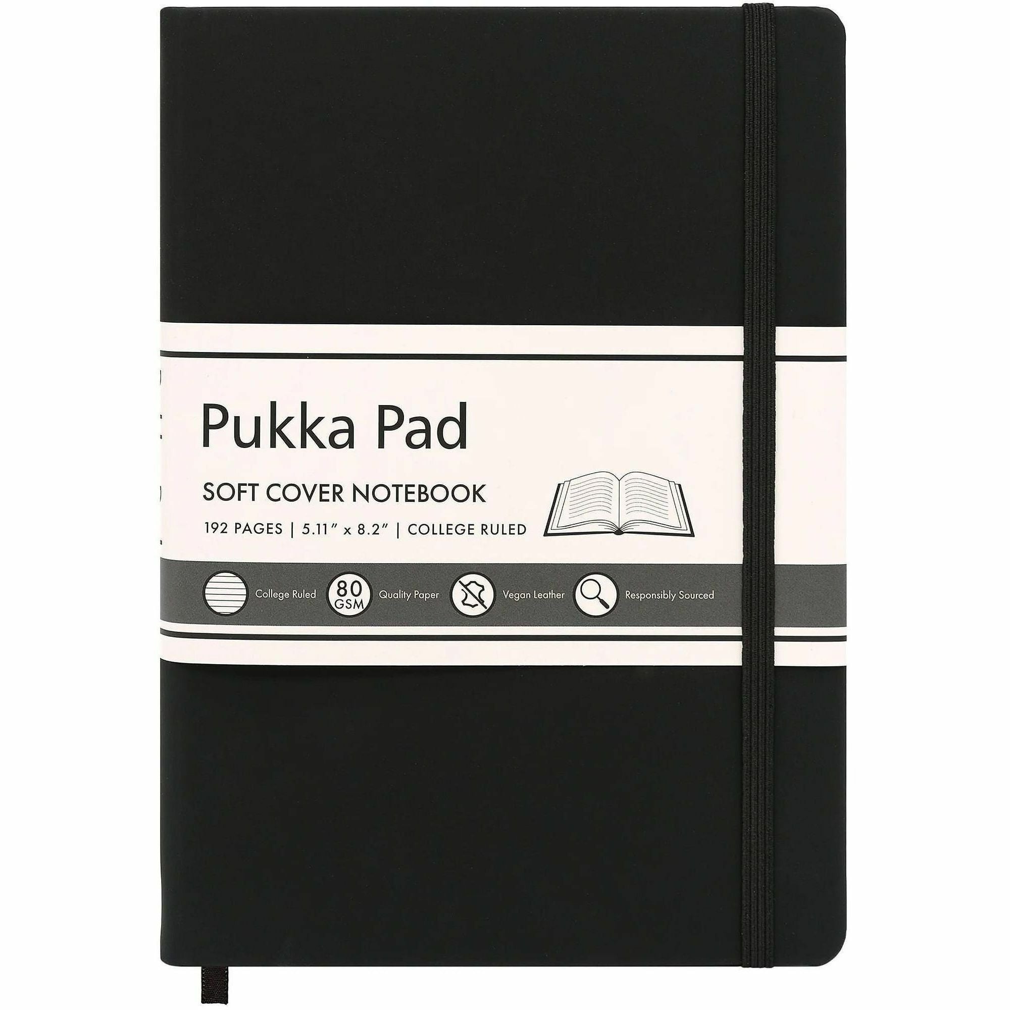 Pukka Pads Signature Notebook - 1 Subject(s) - 96 Sheets - 192 Pages - Casebound/Sewn - College Ruled Front Ruling - Ruled Margin - 80 g/m² Grammage - 5 7/64" x 8 1/5" Sheet Size - Cream Paper - Black Vegan Leather Cover - Soft Cover, Note Section...