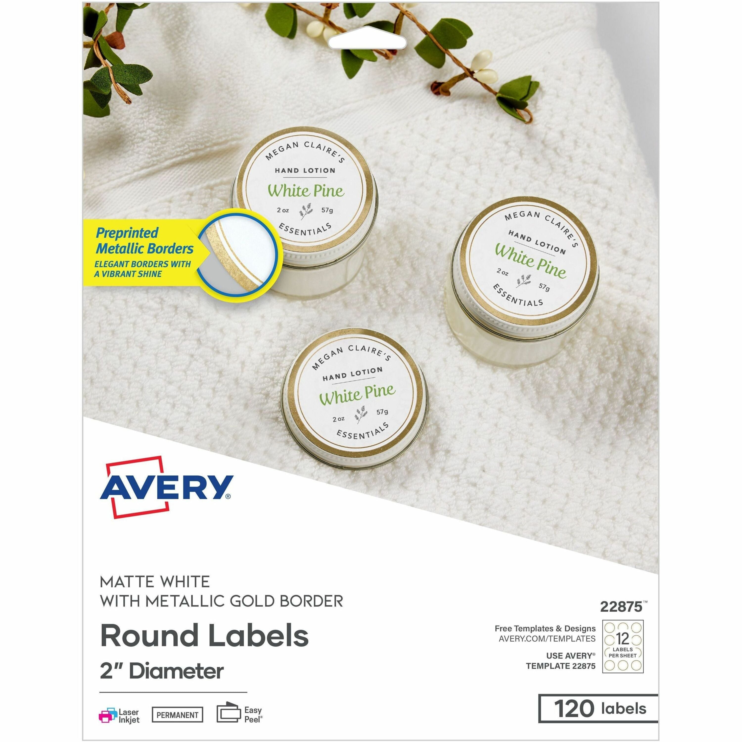 Avery&reg; Multipurpose Label - x 2" Diameter - Permanent Adhesive - Round - Laser, Inkjet - Matte - White, Gold - Gold Border - Paper - PVC-free, Chlorine-free, Pre-printed, Easy Peel, Pop Up Edge, Tear Resistant, Strong Adhesive, Stick & Stay, Curl R...