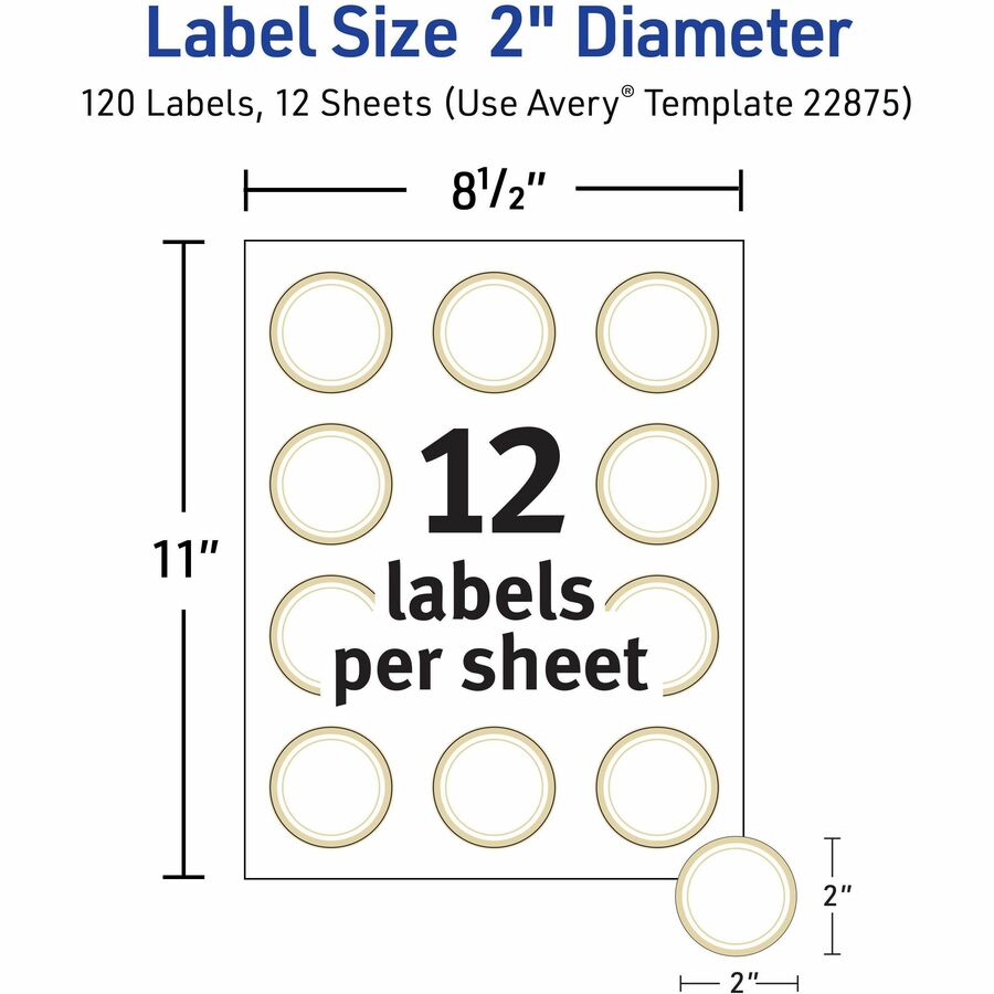 Avery&reg; Multipurpose Label - x 2" Diameter - Permanent Adhesive - Round - Laser, Inkjet - Matte - White, Gold - Gold Border - Paper - PVC-free, Chlorine-free, Pre-printed, Easy Peel, Pop Up Edge, Tear Resistant, Strong Adhesive, Stick & Stay, Curl R...