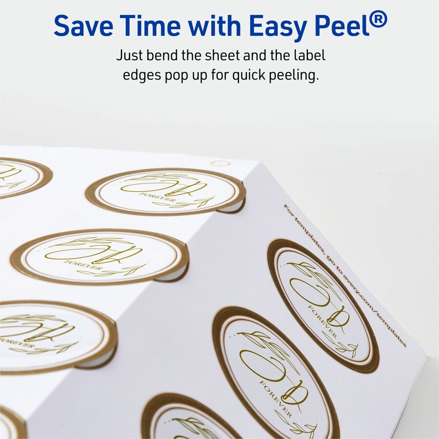 Avery&reg; Multipurpose Label - x 2" Diameter - Permanent Adhesive - Round - Laser, Inkjet - Matte - White, Gold - Gold Border - Paper - PVC-free, Chlorine-free, Pre-printed, Easy Peel, Pop Up Edge, Tear Resistant, Strong Adhesive, Stick & Stay, Curl R...