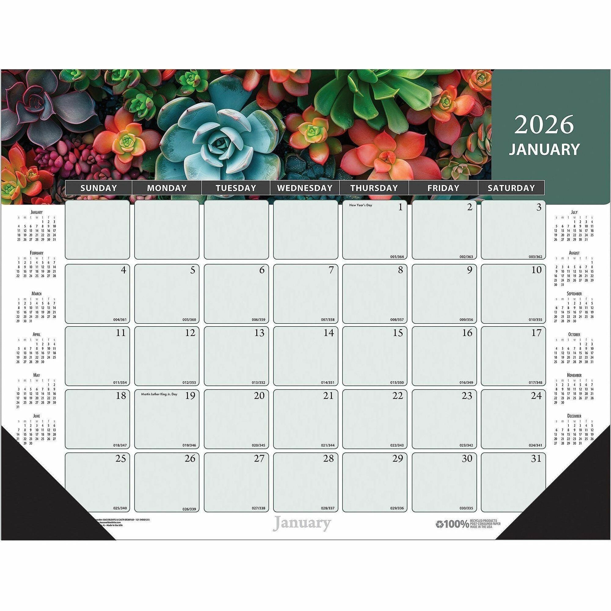House of Doolittle Recycled Succulent/Cacti Desk Pad - Julian Dates - Monthly - 12 Month - January 2026 to December 2026 - 1 Month Single Page Layout - 22" x 17" Sheet Size - 2" x 2.38" Block - Gummed - Desk Pad - Multi - Paper - Unruled Daily Block, H...