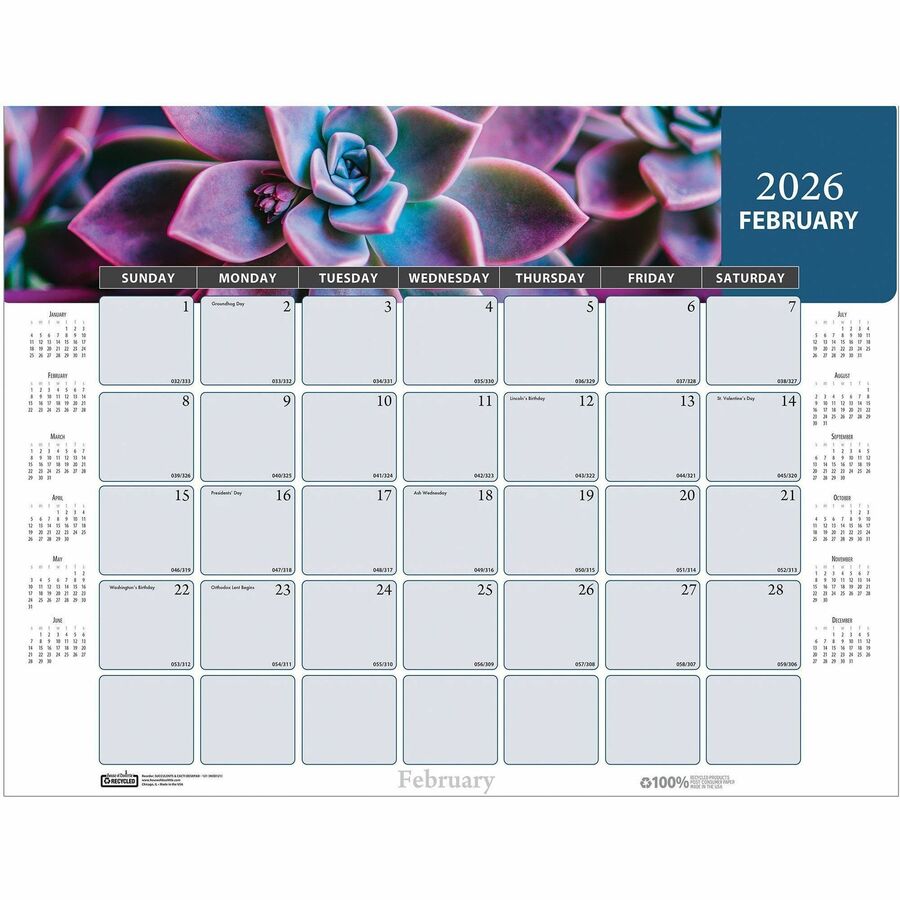 House of Doolittle Recycled Succulent/Cacti Desk Pad - Julian Dates - Monthly - 12 Month - January 2026 to December 2026 - 1 Month Single Page Layout - 22" x 17" Sheet Size - 2" x 2.38" Block - Gummed - Desk Pad - Multi - Paper - Unruled Daily Block, H...