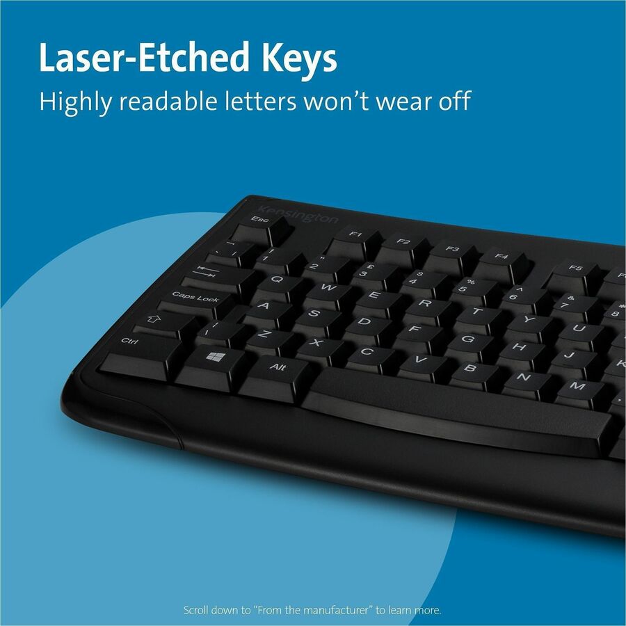 Kensington Pro Fit Washable Antimicrobial Keyboard - Cable Connectivity - USB Interface - Black