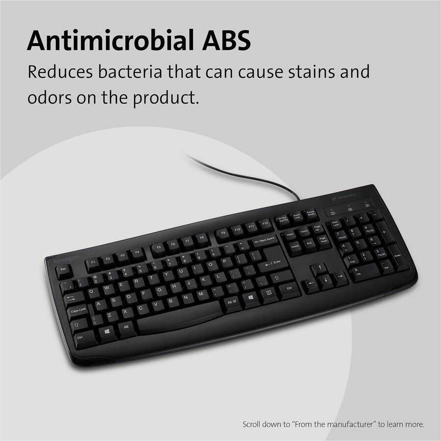 Kensington Pro Fit Washable Antimicrobial Keyboard - Cable Connectivity - USB Interface - Black