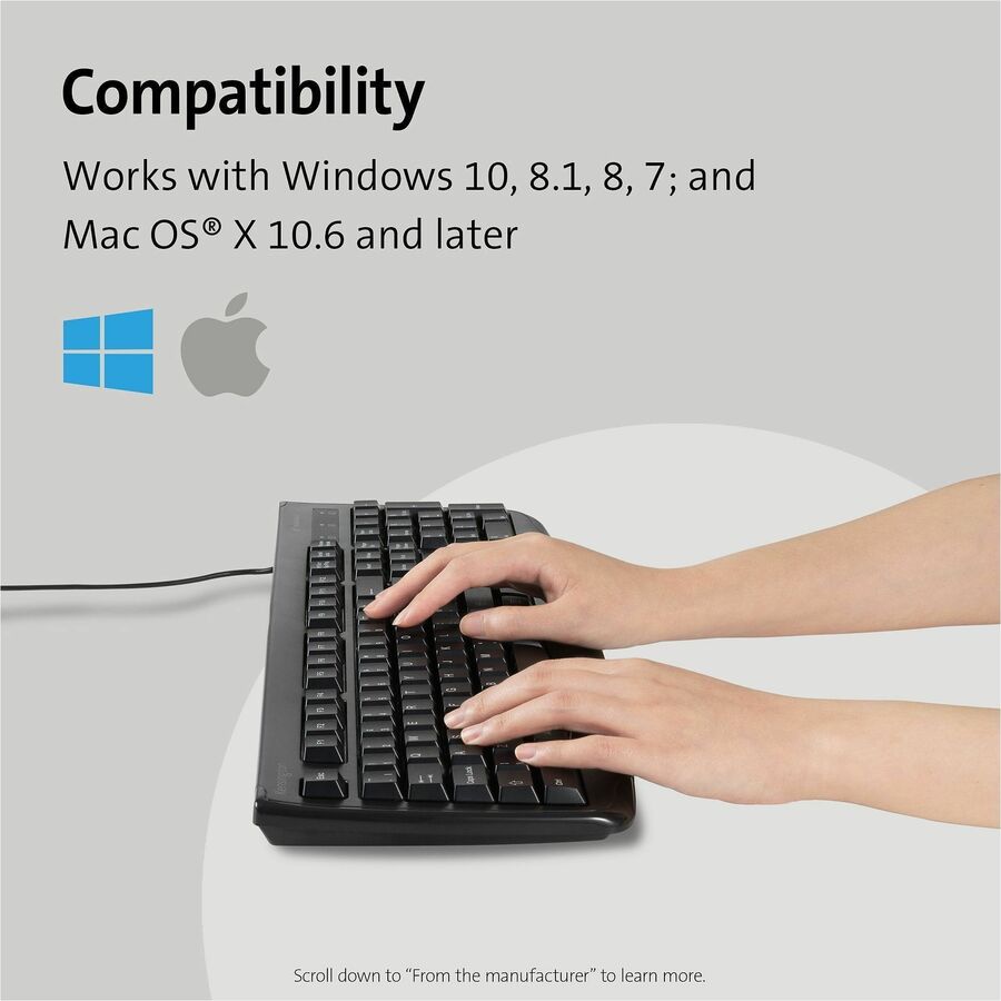 Kensington Pro Fit Washable Antimicrobial Keyboard - Cable Connectivity - USB Interface - Black