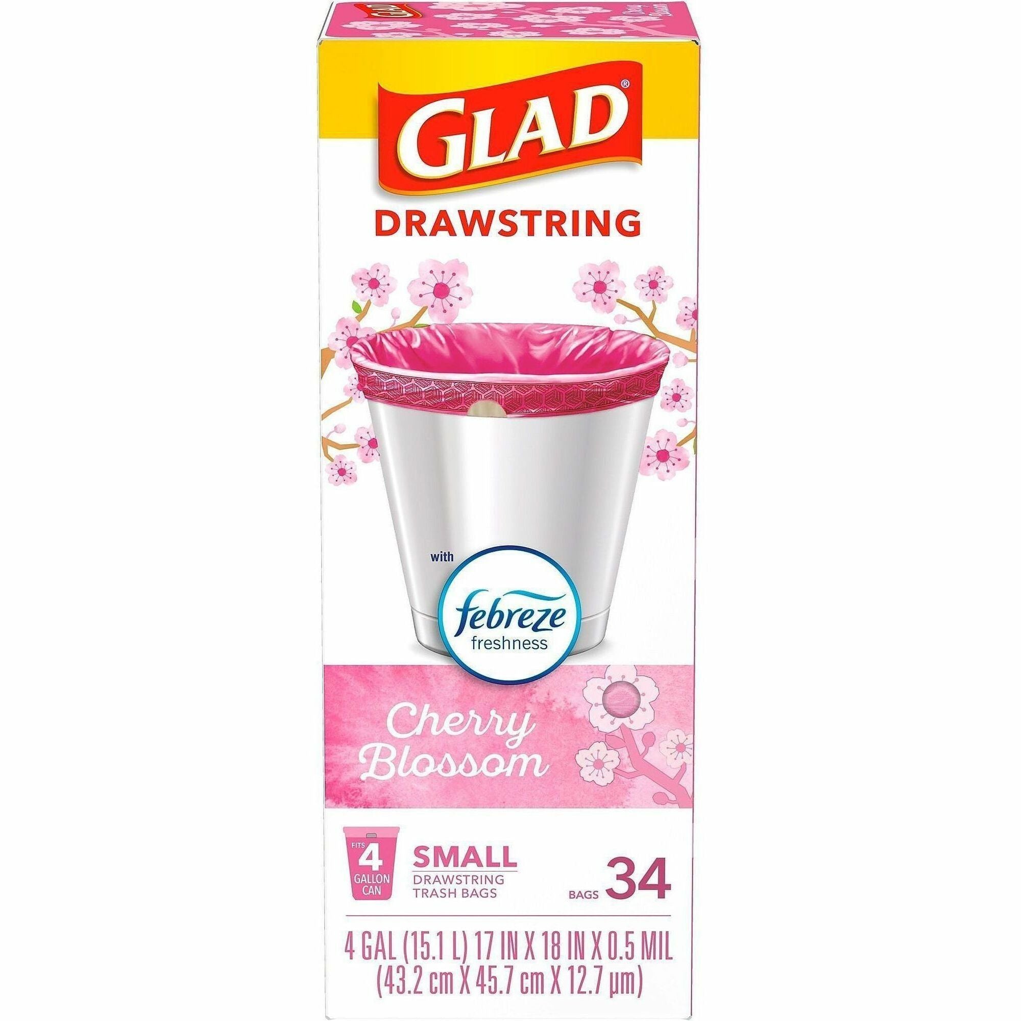 Glad Odorshield Cherry Blossom Trash Bags - Cherry Blossom - Small Size - 4 gal Capacity - 18" Length x 17" Width - Drawstring Closure - Pink - Garbage, Kitchen, Bedroom, Bathroom - 34 / Box