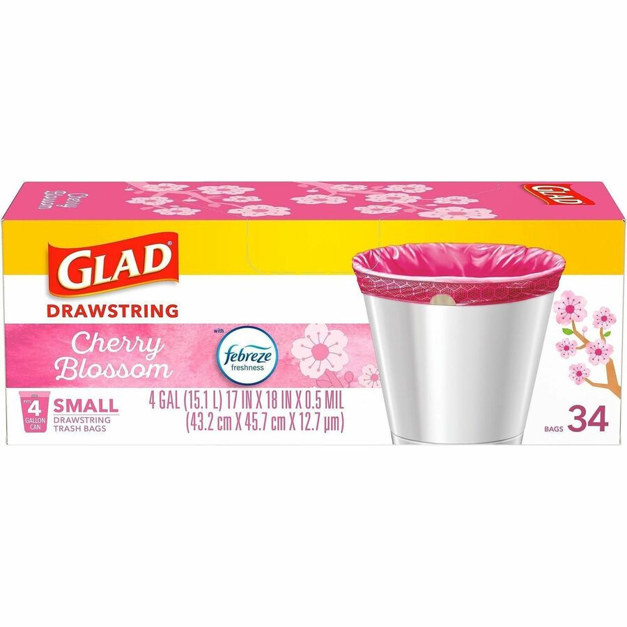 Glad Odorshield Cherry Blossom Trash Bags - Cherry Blossom - Small Size - 4 gal Capacity - 18" Length x 17" Width - Drawstring Closure - Pink - Garbage, Kitchen, Bedroom, Bathroom - 34 / Box