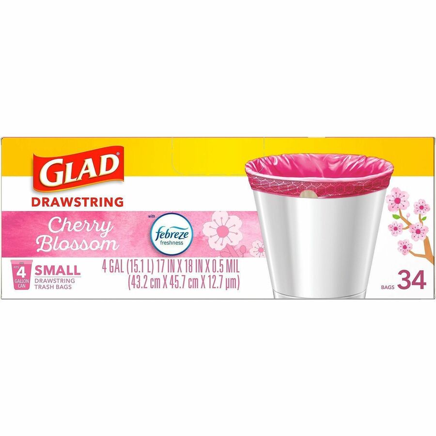 Glad Odorshield Cherry Blossom Trash Bags - Cherry Blossom - Small Size - 4 gal Capacity - 18" Length x 17" Width - Drawstring Closure - Pink - Garbage, Kitchen, Bedroom, Bathroom - 34 / Box